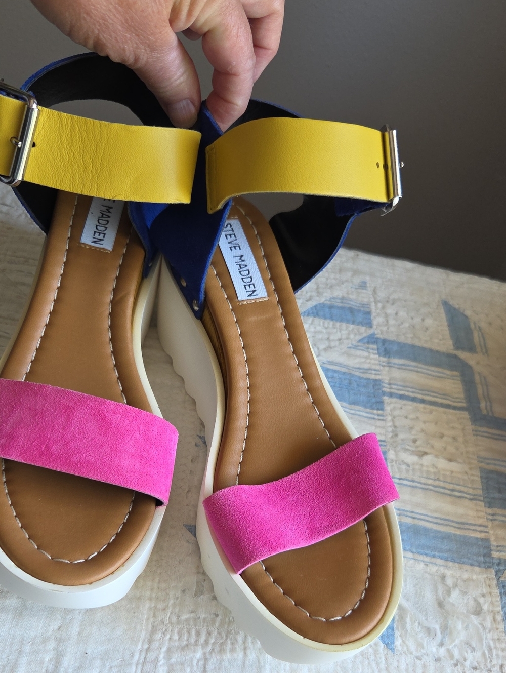 Steve Madden Pink Suede & Yellow Strap Platform Sandals